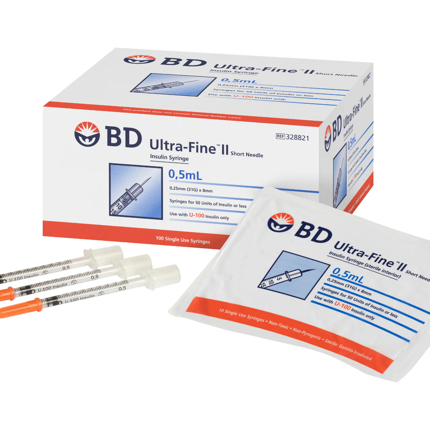 BD Ultrafine II Insulin Syringes 1 BD Ultrafine II Insulin Syringes a box of syringes and a syringe